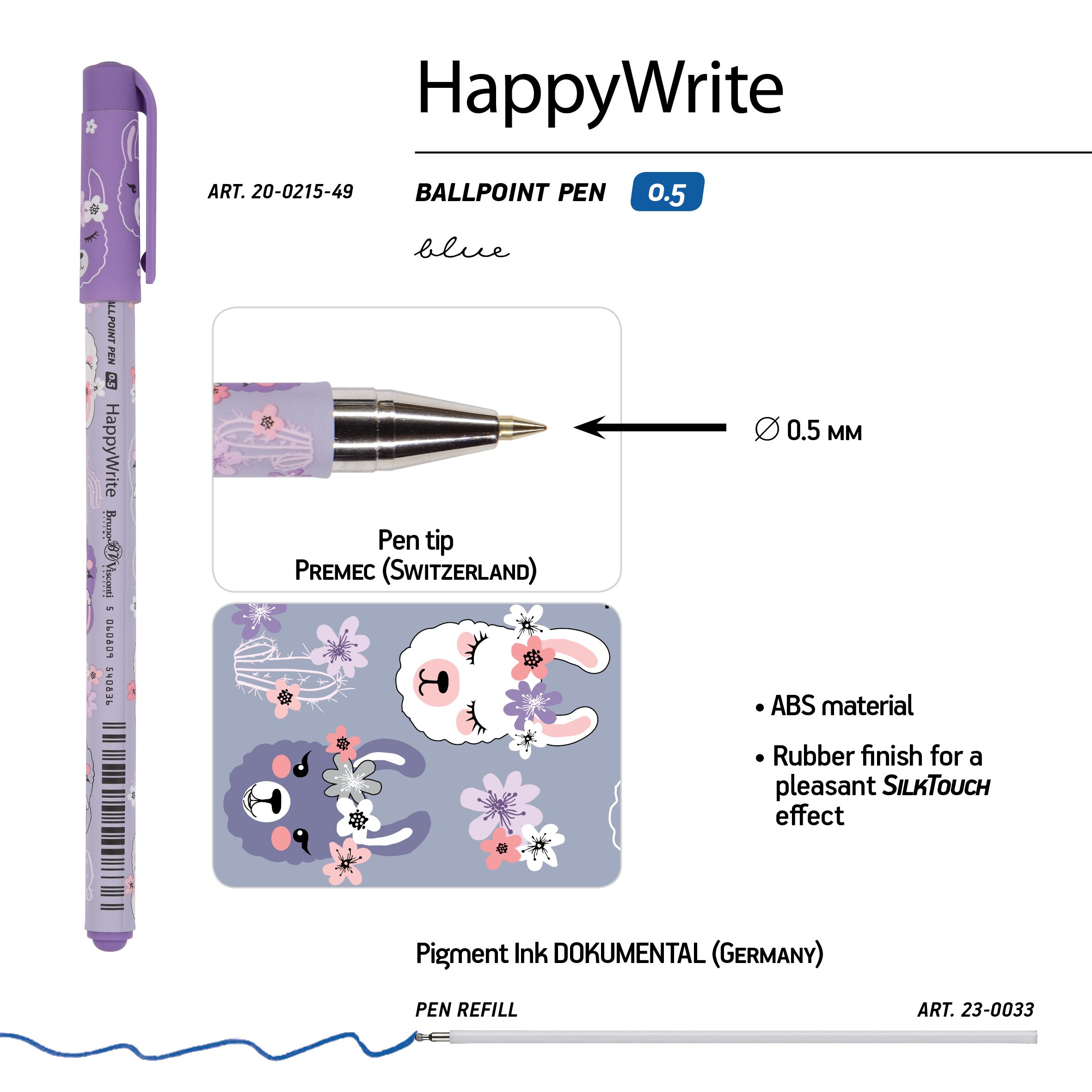 Ручка шариковая синяя BV HappyWrite. Цирк. Ламы 0,5мм принт