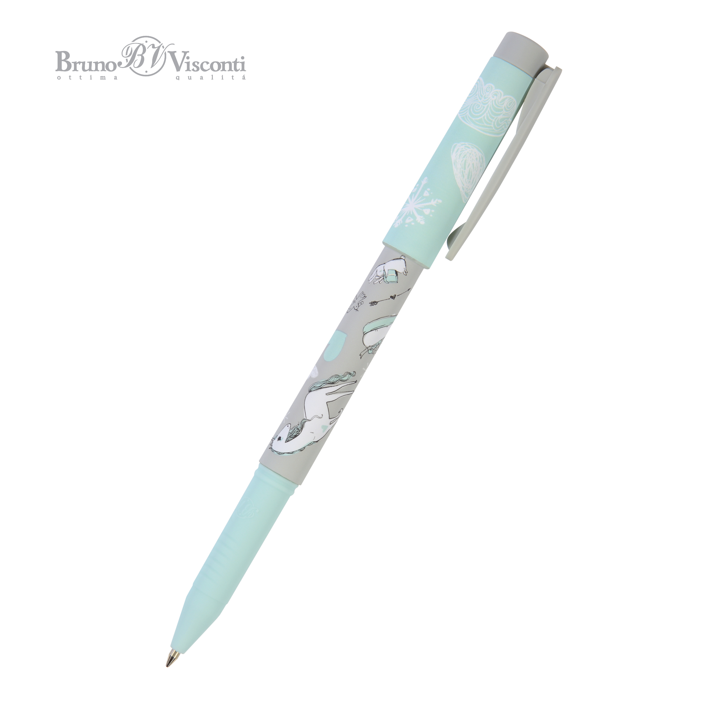Ручка шариковая синяя BV FreshWrite. Девочка и Единорог. Снежинки 0,7мм принт