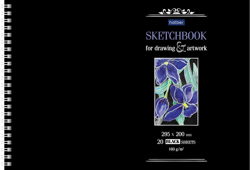 Скетчбук А4 20л спир Ирисы блок черный 160г/м2