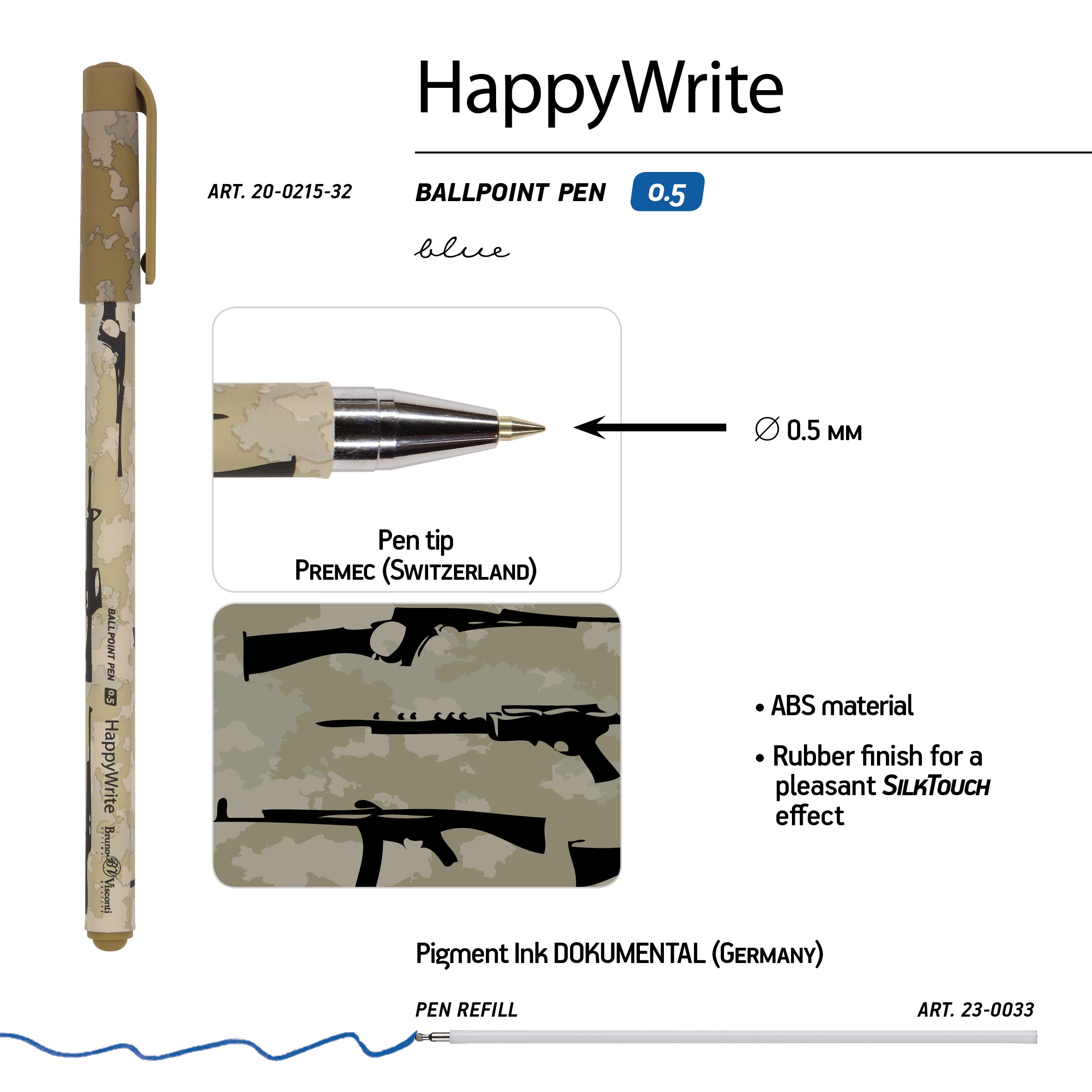 Ручка шариковая синяя BV HappyWrite. Военный паттерн. Оружие 0,5мм принт