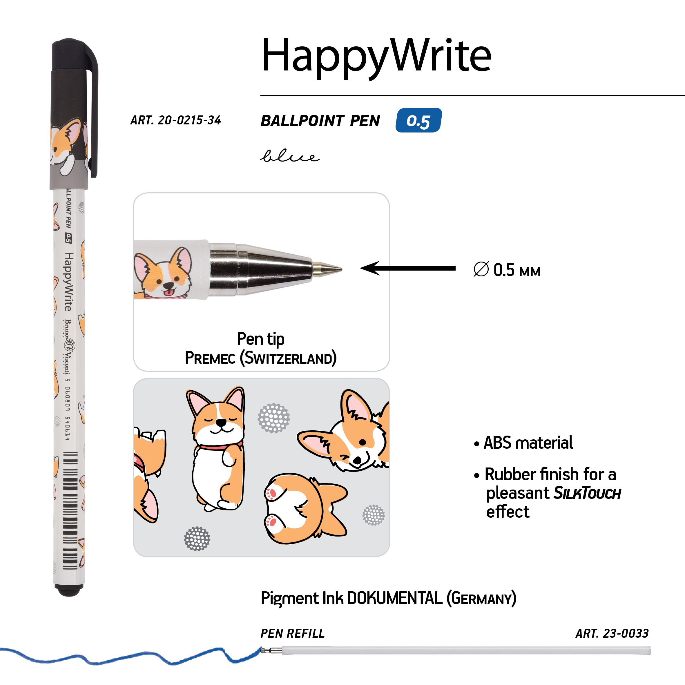 Ручка шариковая синяя BV HappyWrite. Друзья. Корги 0,5мм принт