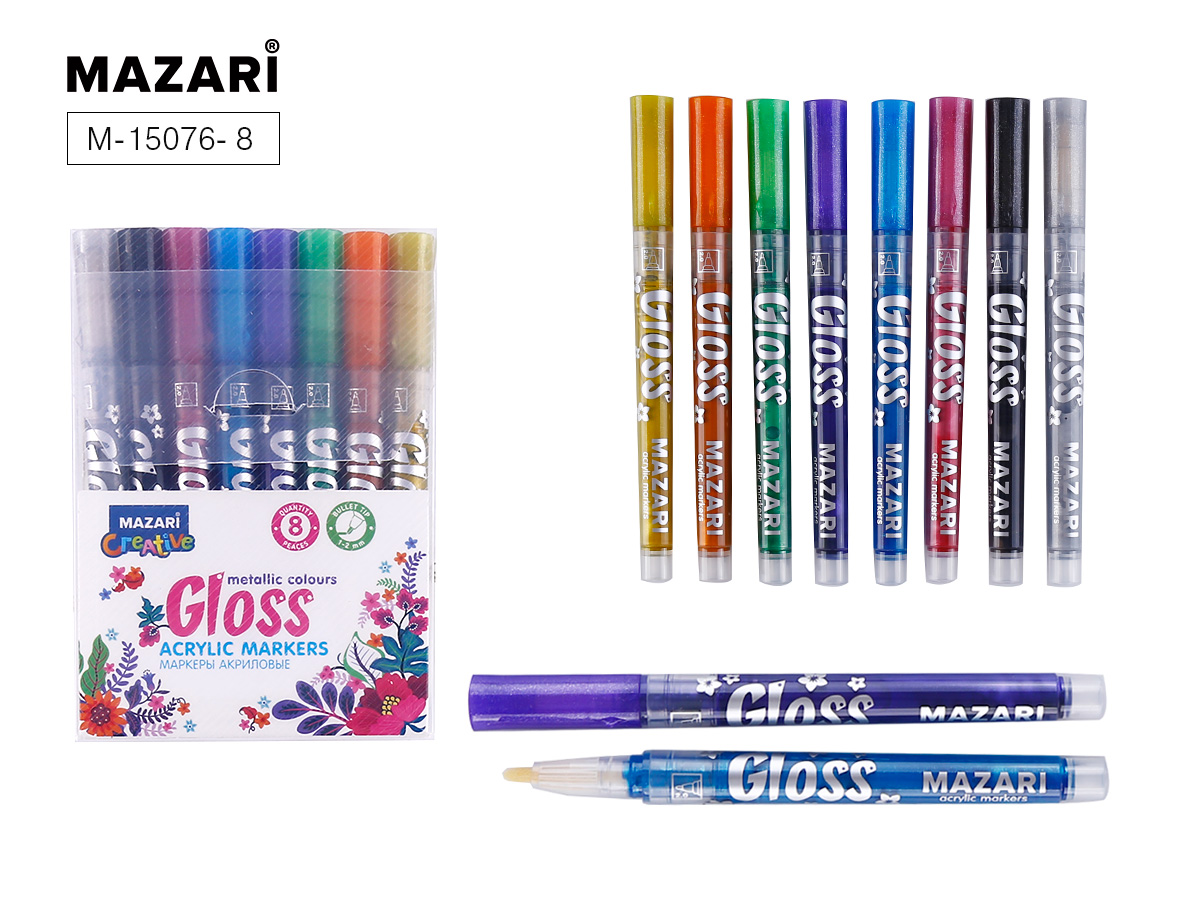 Маркеры-краски 8цв Mazari GLOSS с эффектом металлик 1.0-2.0 мм