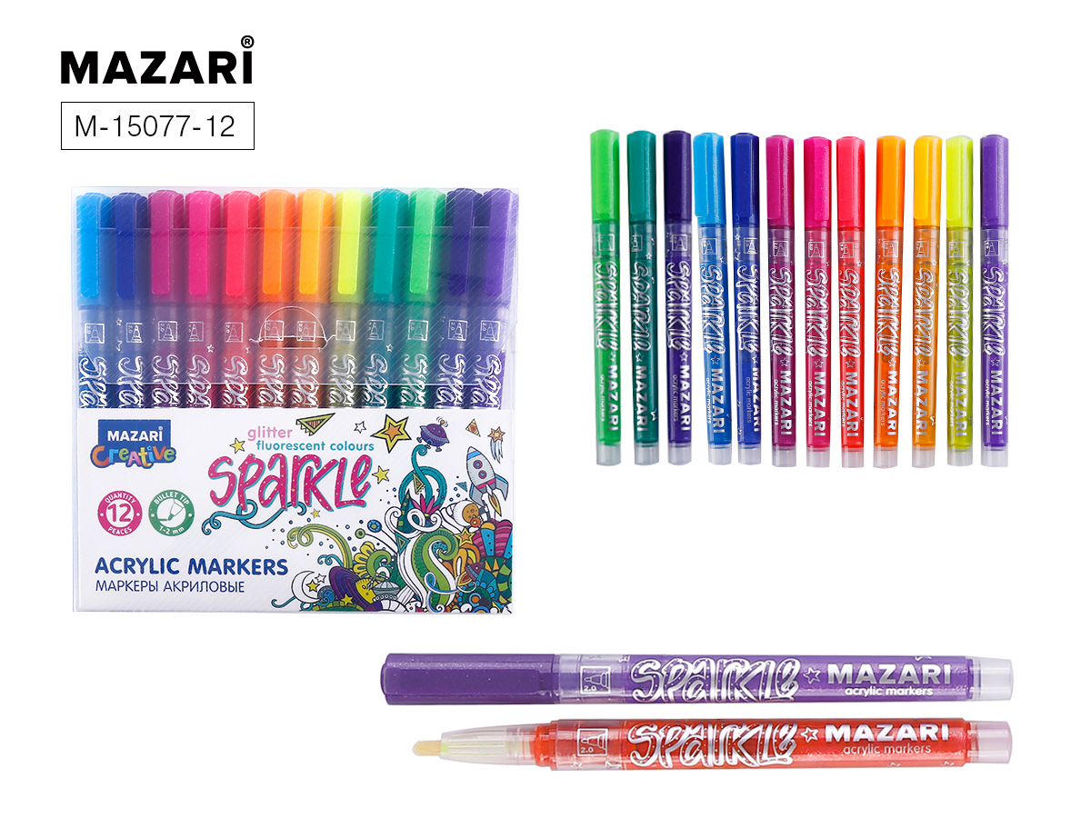 Маркеры-краски 12цв Mazari Sparkle с блестками 1.0-2.0 мм