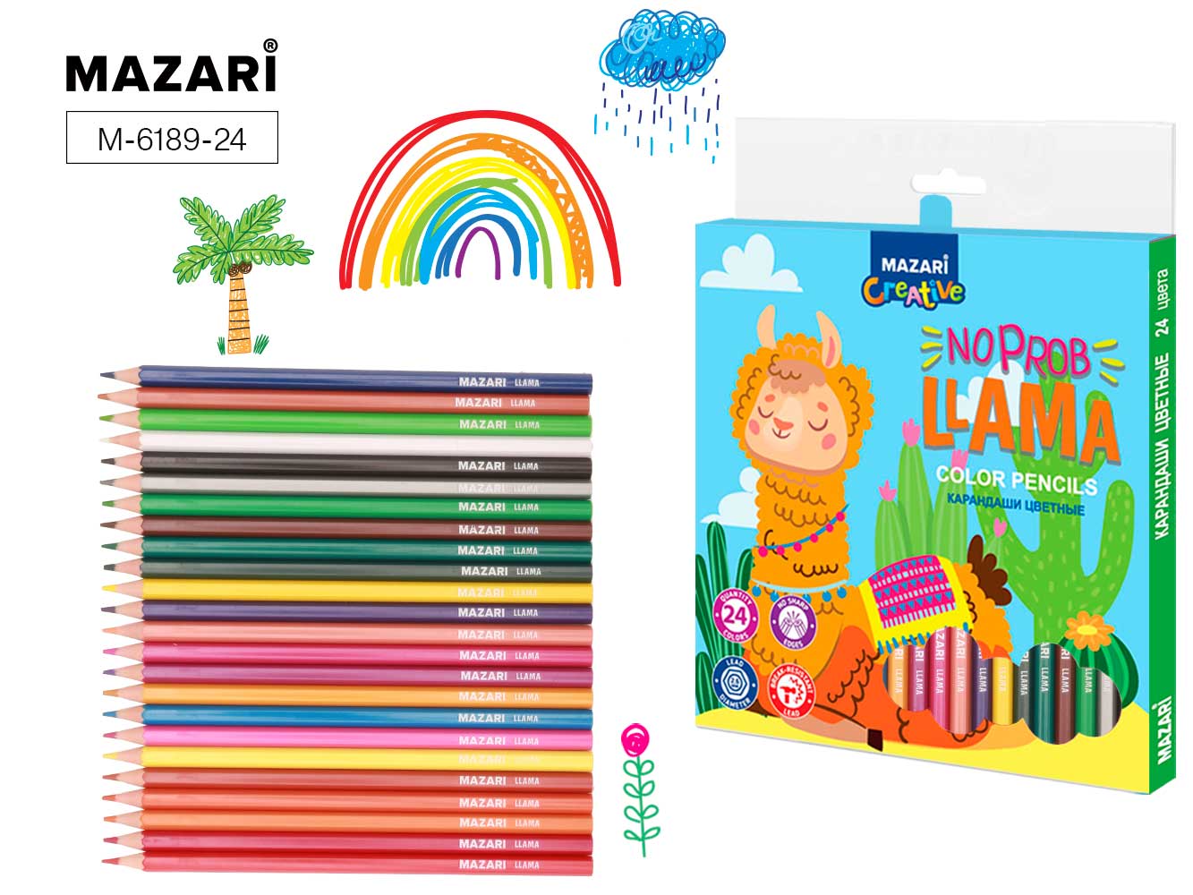 Карандаши цветные 24 цв пластик Mazari Llama