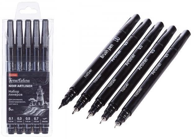 Ручки линеры 5 цв Hatber Terra Colora Brush (0,1/0,3/0,5/0,7мм)