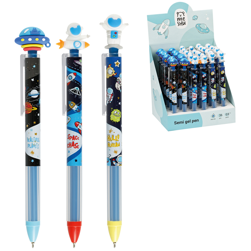 Ручка шариковая синяя сув MeShu Space Aliens автомат, 0,5мм, грип, корпус ассорти, с топпером