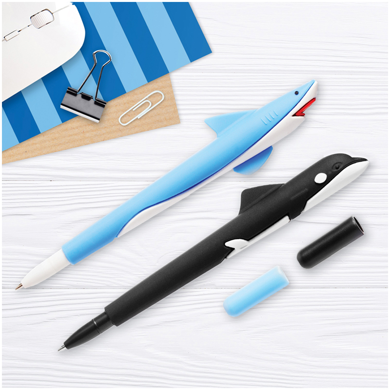 Ручка шариковая синяя сув MeShu 0,7мм Shark&Whale софт-тач с топпером