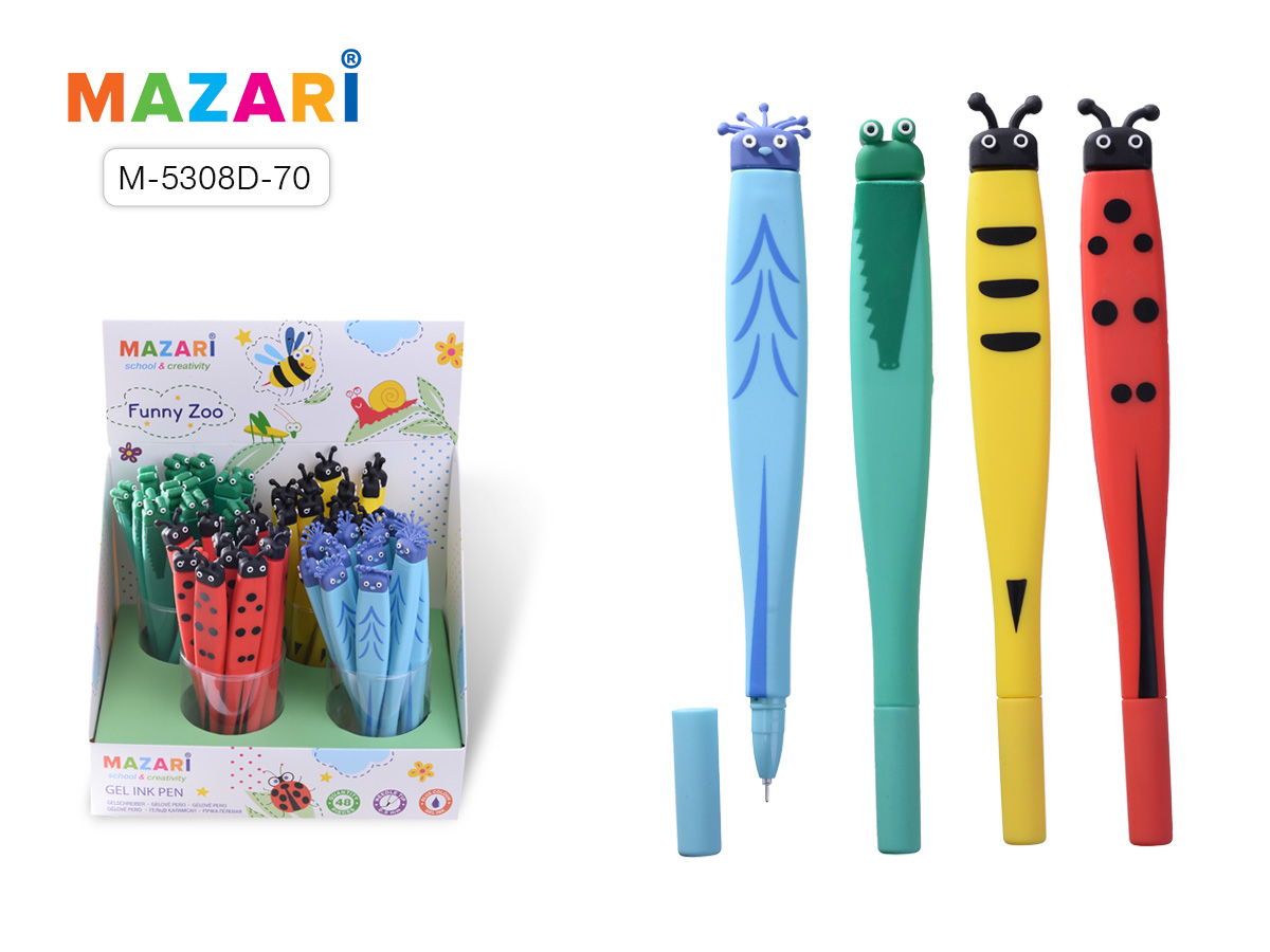 Ручка гелевая синяя сув Mazari Funny Zoo 0.5 силикон корп ассорти