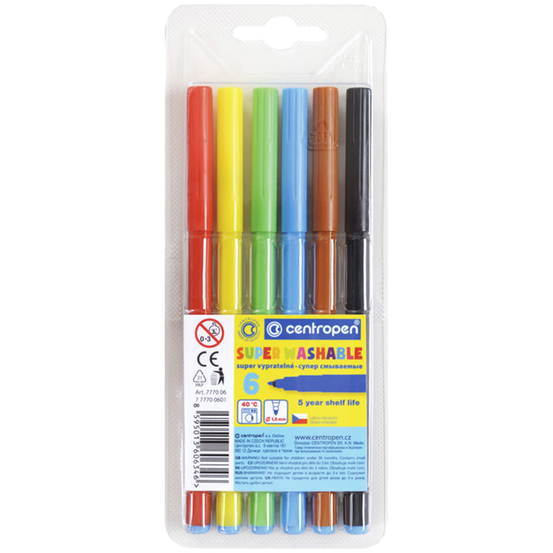 Фломастеры 6 цв Centropen Super Washable смываемые блистер