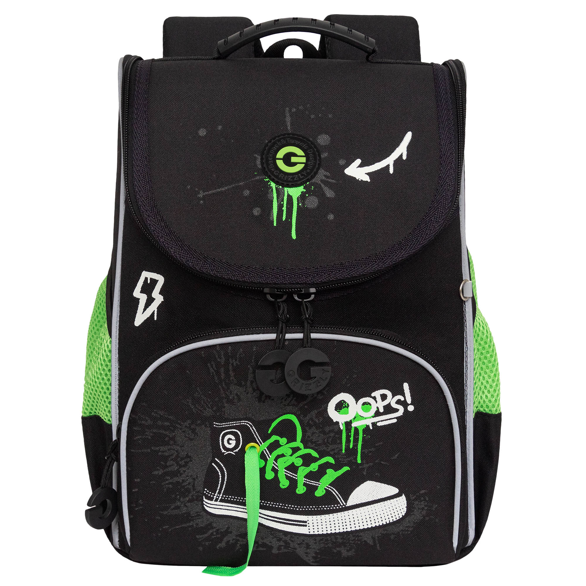 Ранец Grizzly черный-салатовый Кеды + МЕШОК, светящ. в темноте