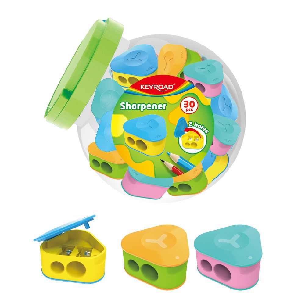 Точилка KEYROAD Triangle пластик 2 отверстия, с контейнером, ассорти, 30шт в дисплее