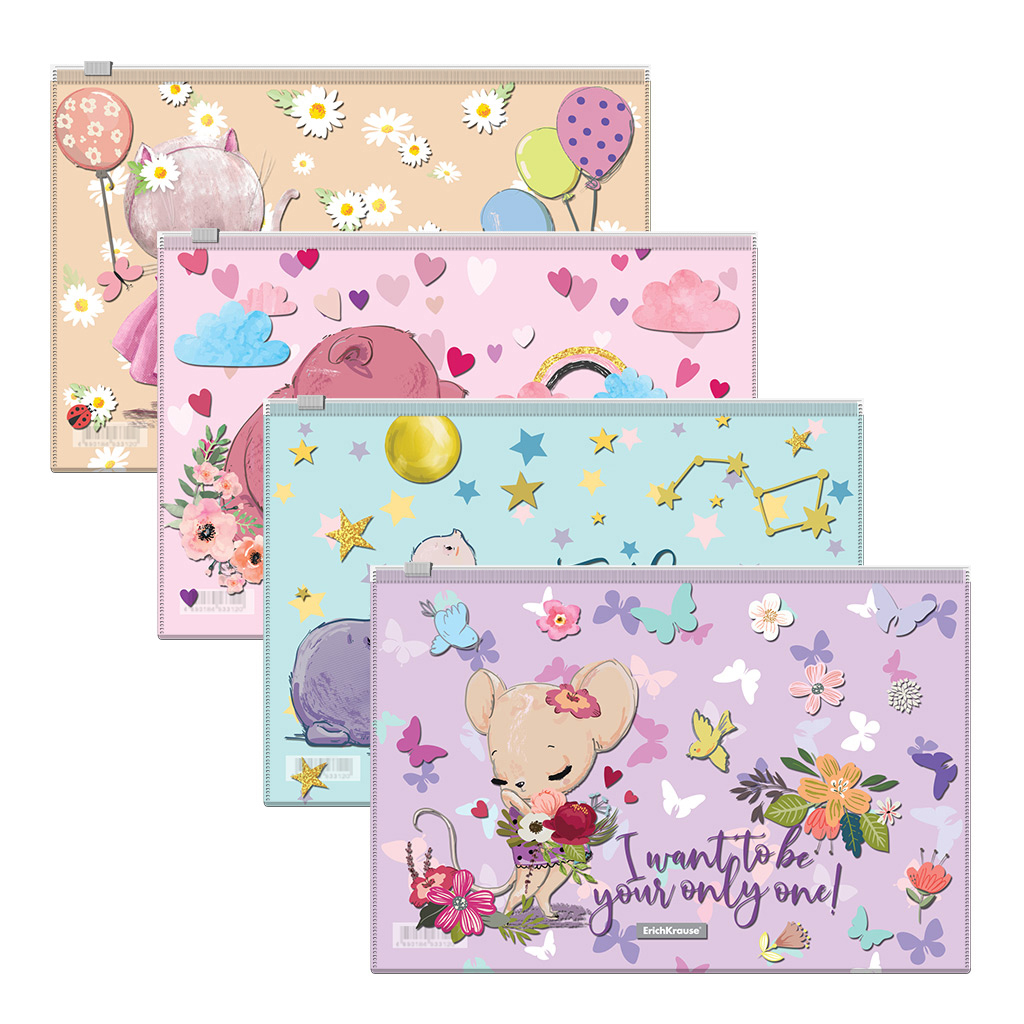 Папка на молнии Zip B5 однотон 160мкм ассорти Cute Animals