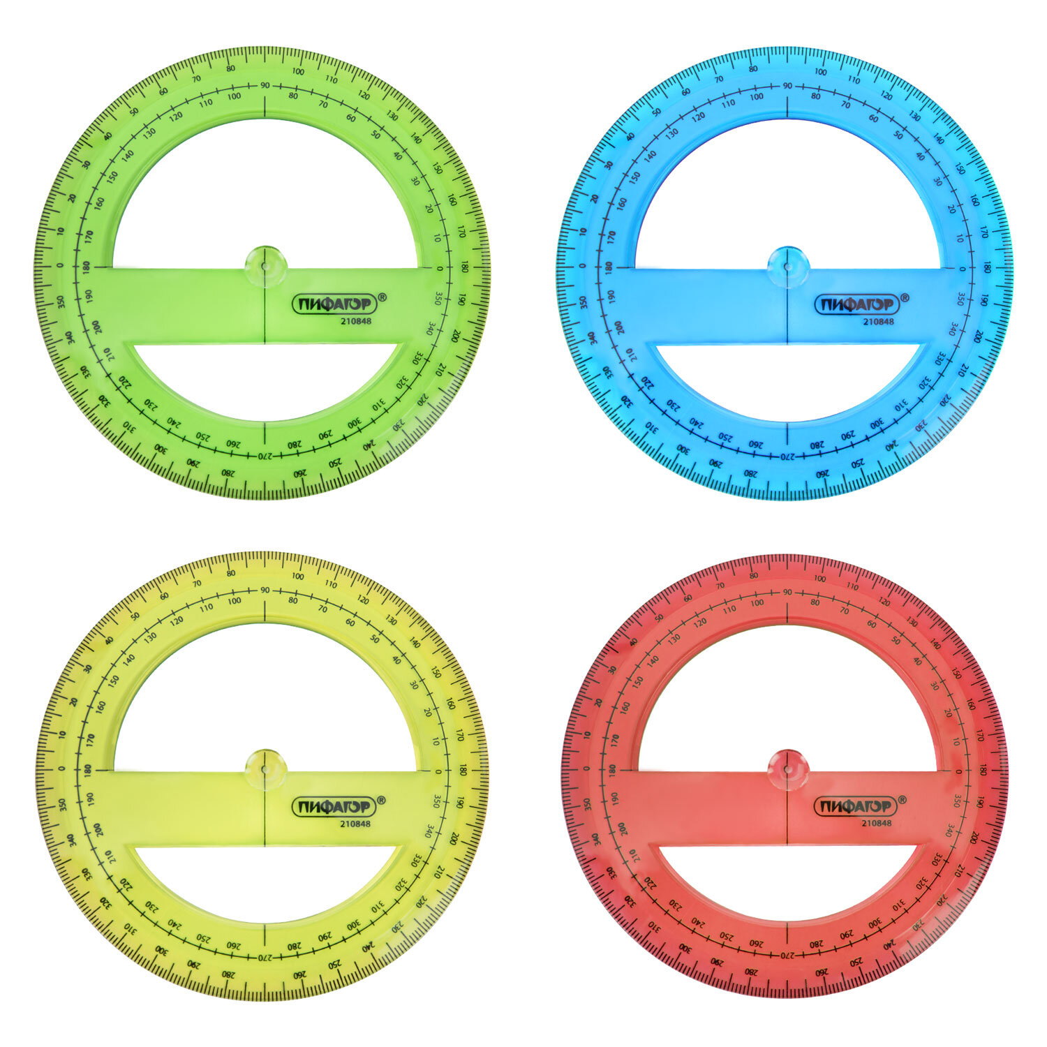 Транспортир 360гр с лин. 10см Пифагор прозр неон