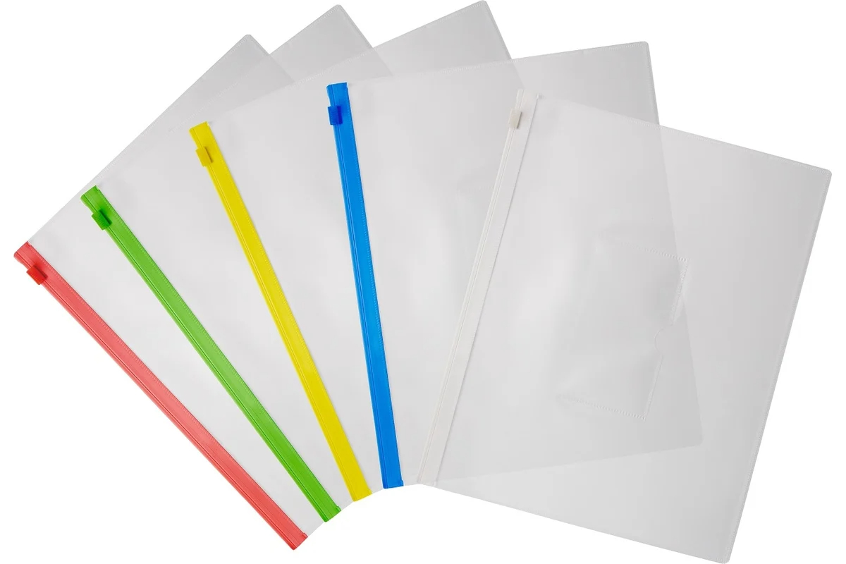 Папка на молнии Zip А5 однотон прозр + карм/визиток 150мк