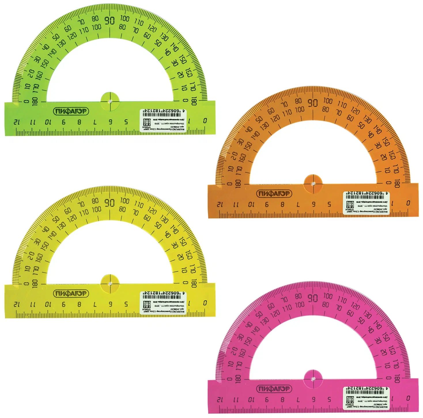 Транспортир 180гр с лин. 12см Пифагор прозр неон