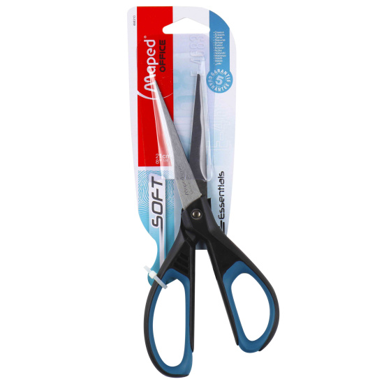 Ножницы 210 мм Maped Essentials Soft, симметричные, прорезиненные кольца, европодвес, чёрно-синие