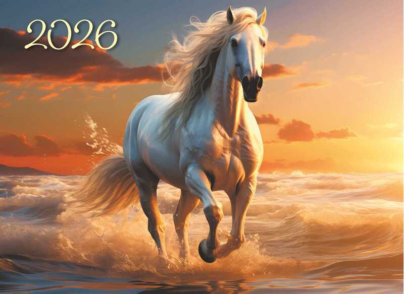 Календарь квартальный 2026 Символ года- Год Лошади. На закате