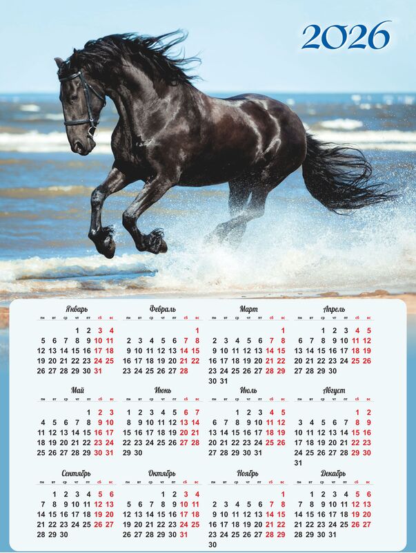 Календарь листовой 2026 А2 Символ года - Год лошади. Вороной
