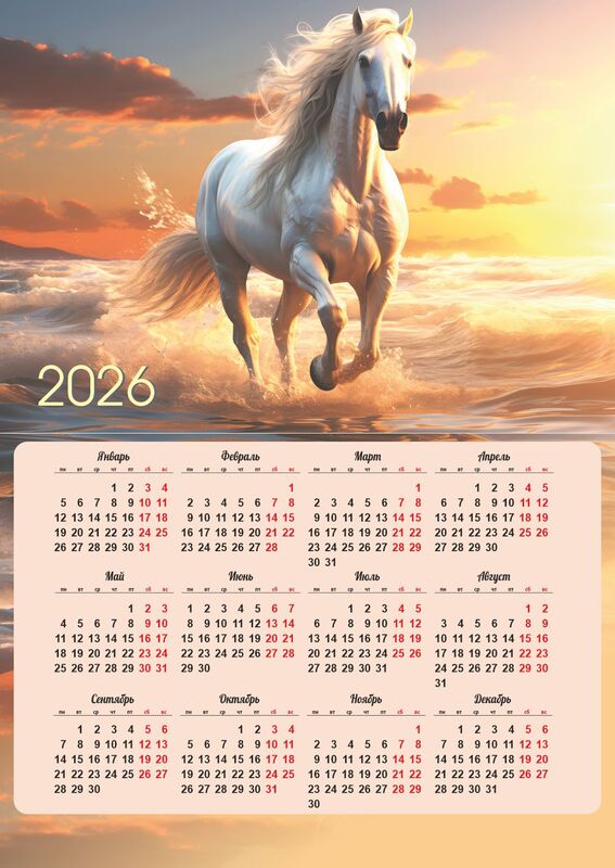 Календарь листовой 2026 А2 Символ года - Год Лошади. На закате