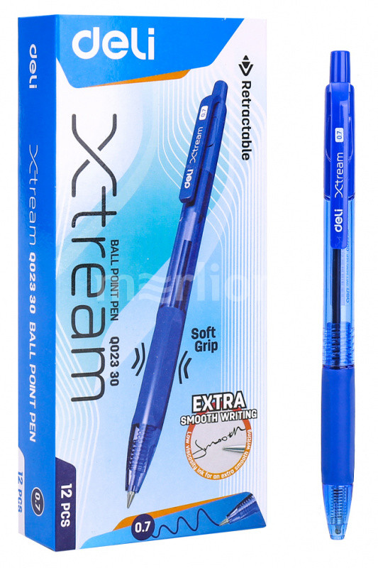 Ручка шариковая синяя Deli 0,7мм авт грип прозр/синий
