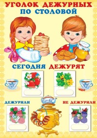 Плакат Уголок дежурных по столовой с карточками, А3 (девочка с мальчиком)
