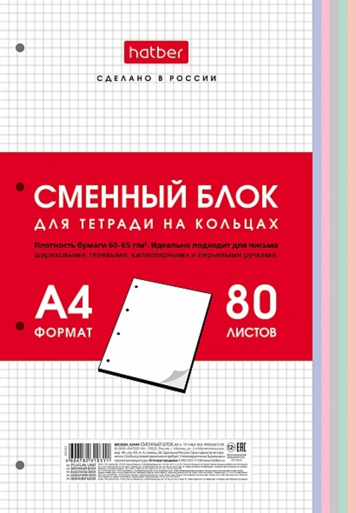 Блок сменный для тетради А4 80л кл многоцветный срез