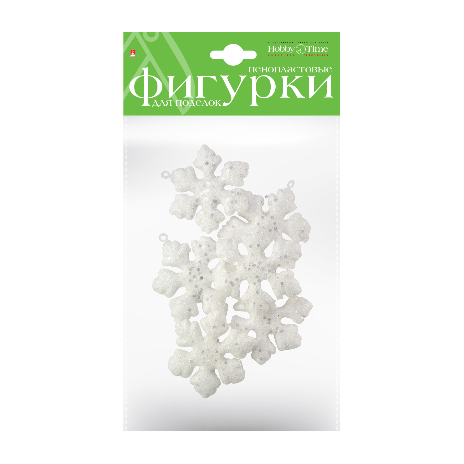 Творч Заготовка пенопласт Снежинки с глиттером 75 мм, 6 шт.