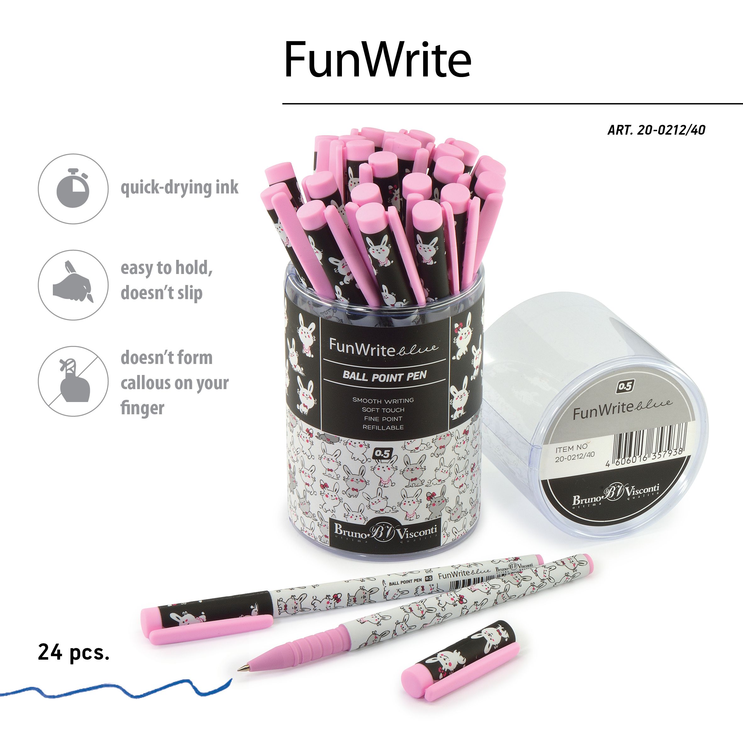 Ручка шариковая синяя BV FunWrite Очаровательные зайчики
