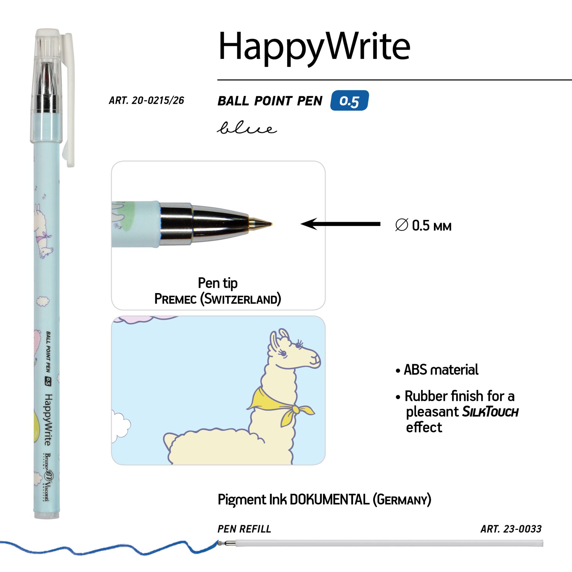 Ручка шариковая синяя BV HappyWrite Лама 0.5мм принт