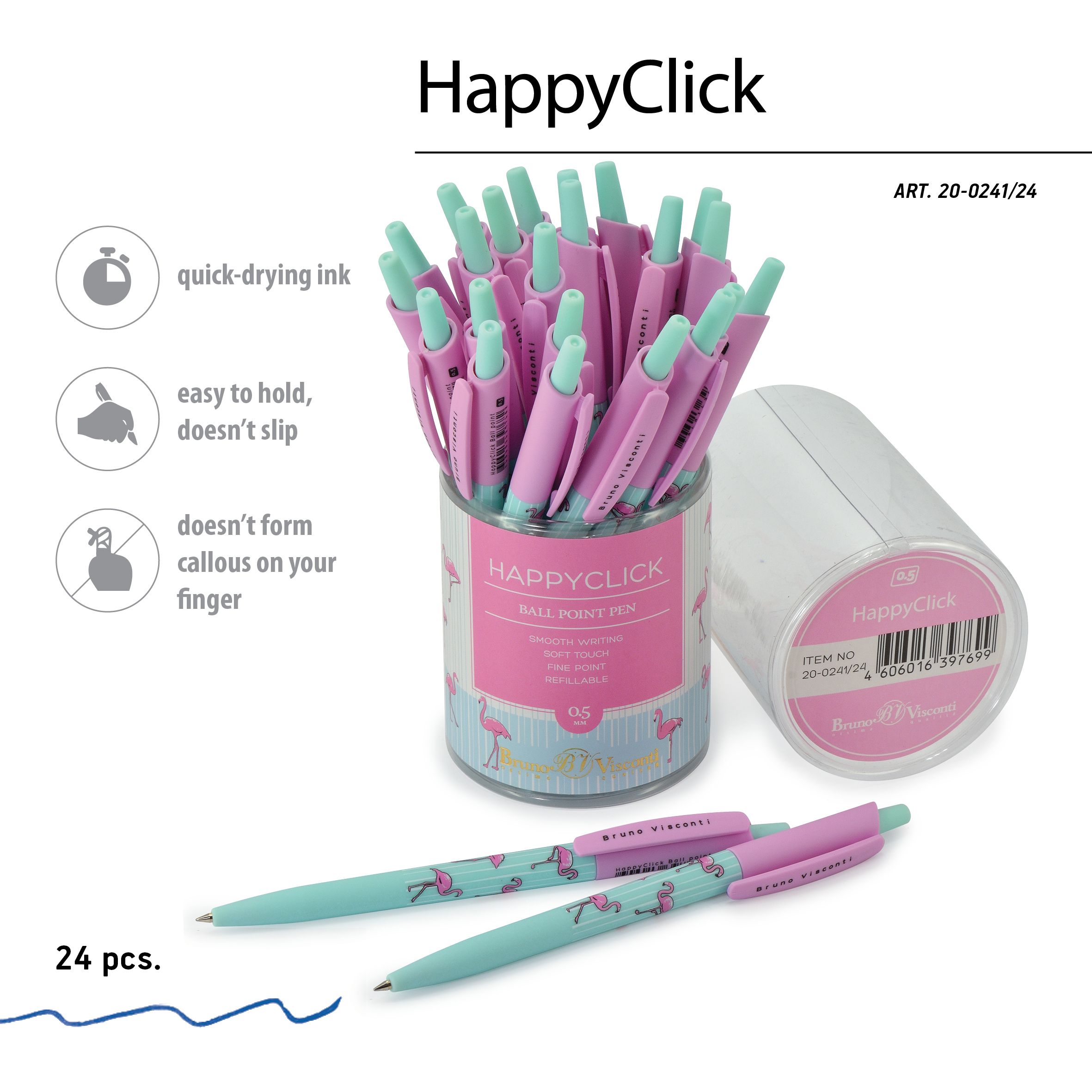Ручка шариковая синяя BV HappyClick Фламинго 0.5 принт авт