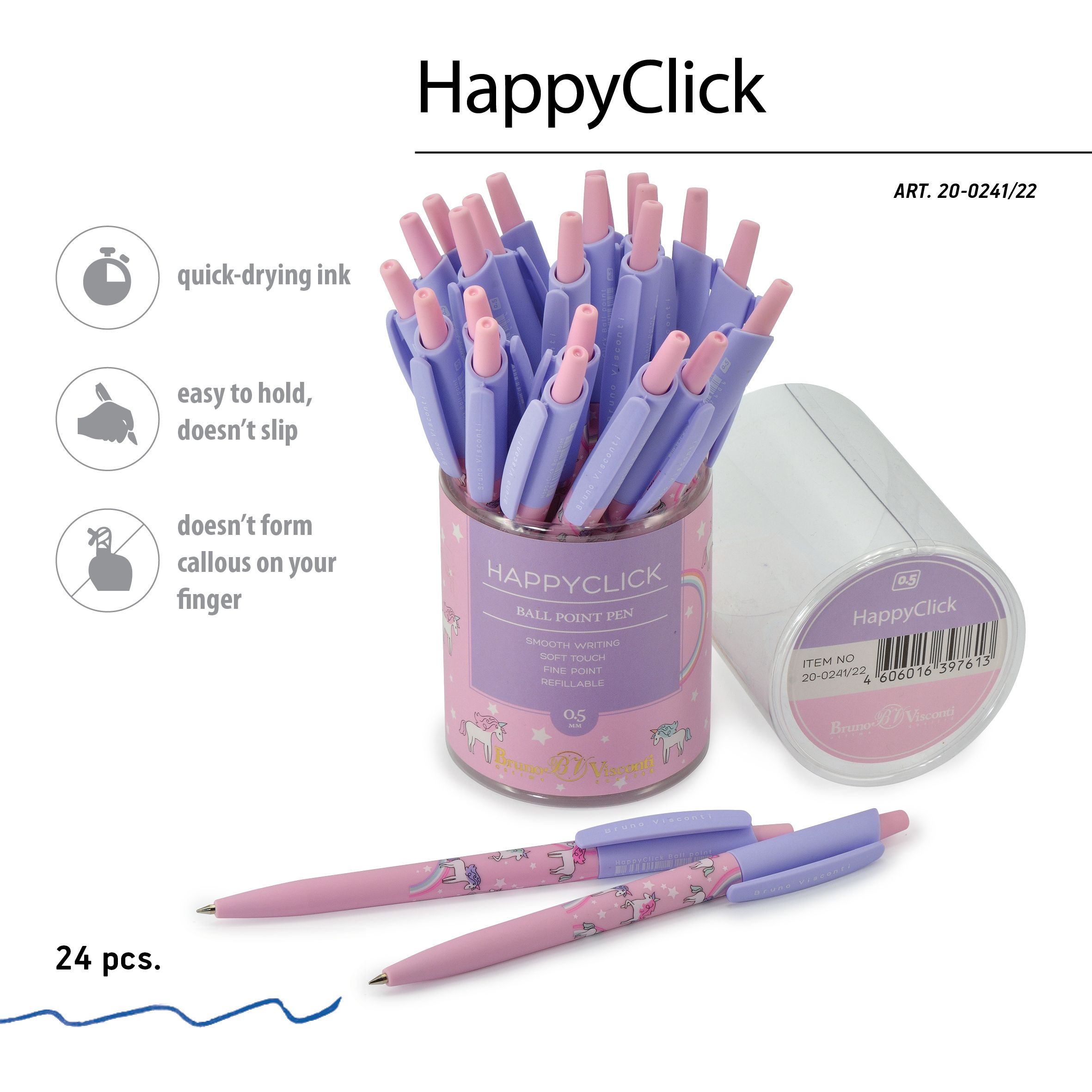 Ручка шариковая синяя BV HappyClick Единороги 0.5 принт