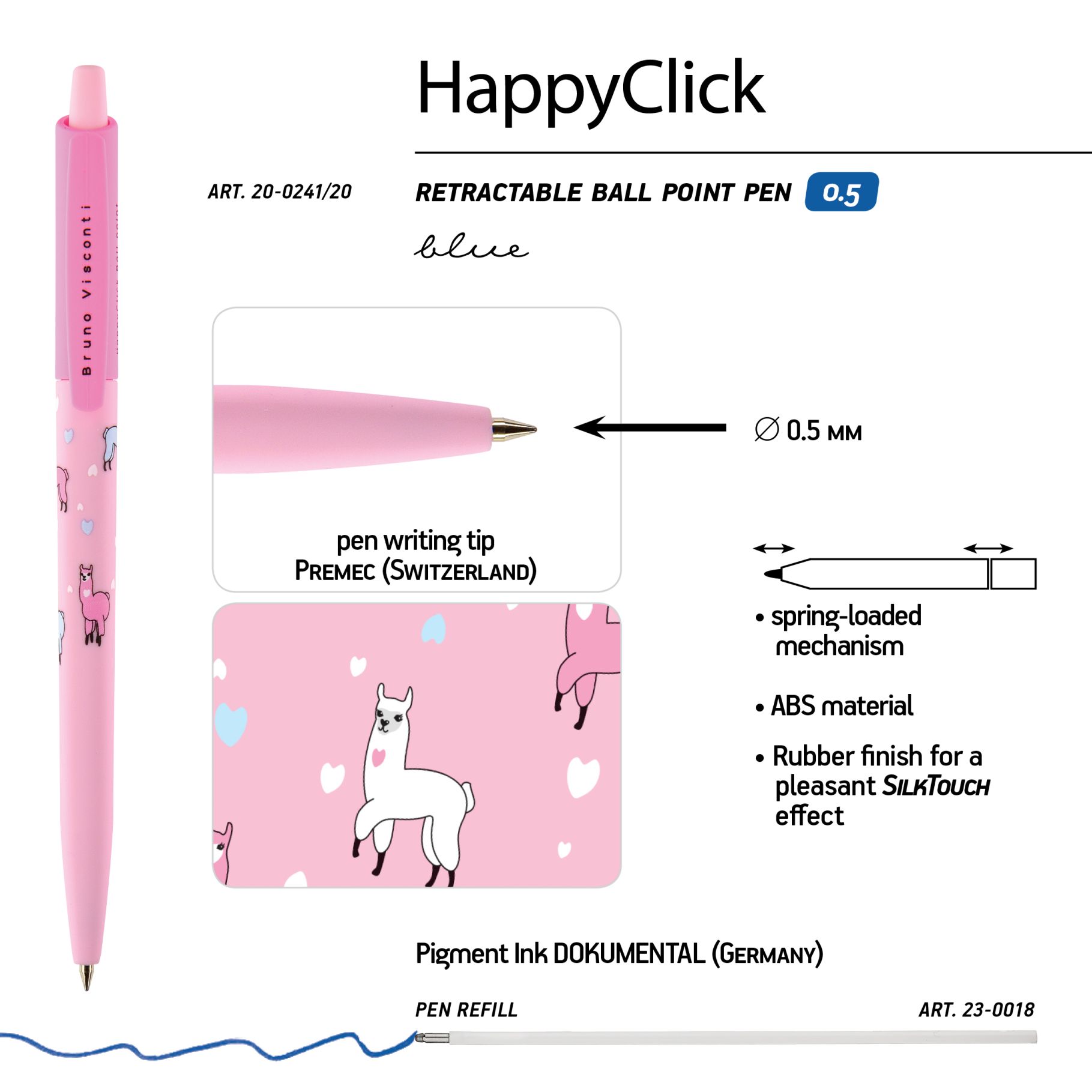 Ручка шариковая синяя BV HappyClick Ламы 0.5 принт автомат
