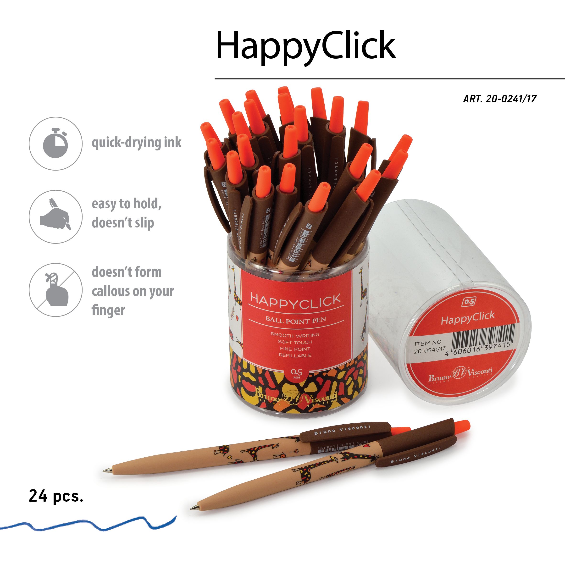 Ручка шариковая синяя BV HappyClick Жирафы 0.5 автомат