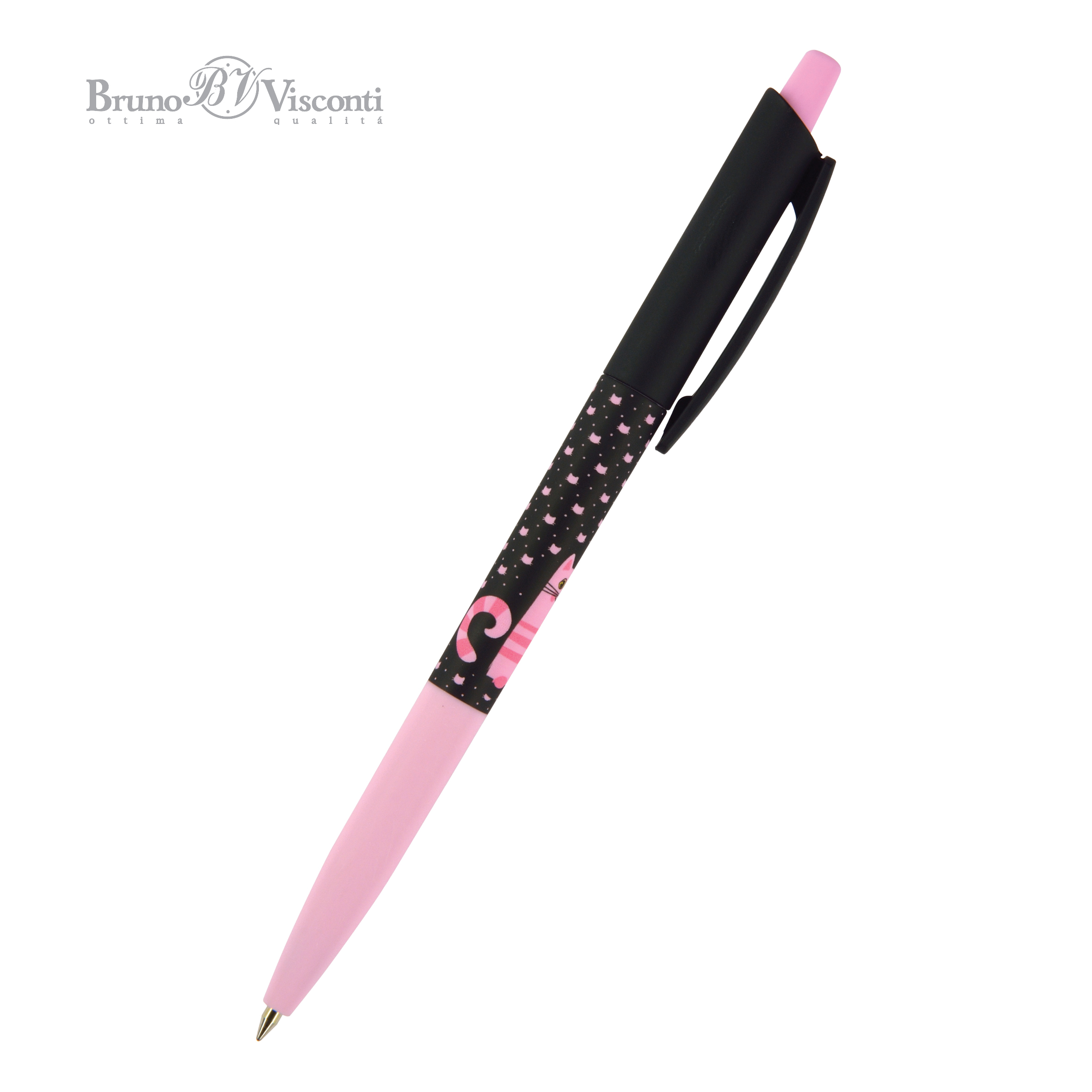 Ручка шариковая синяя BV HappyClick Розовая кошечка 0.5