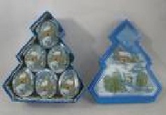 НГ Шары 6шт/уп 7,5см в крошке голубые с рисунком подар. коробка-елка
