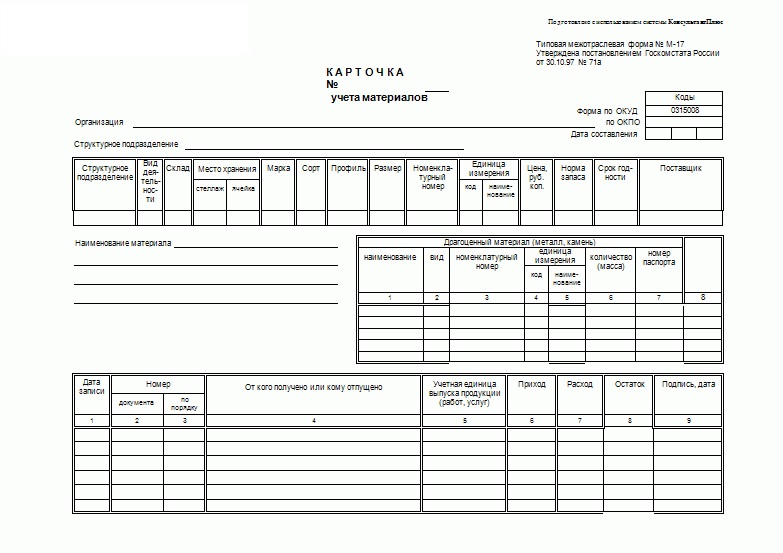 Бланк Карточка складского учета материалов М-17 (А5)