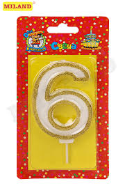 Праз Свеча для торта с золотой окантовкой (глиттер) Цифра 6
