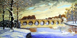Творч Вышивка Канва с рисунком 50х100 (лебеди на реке у моста у деревни)