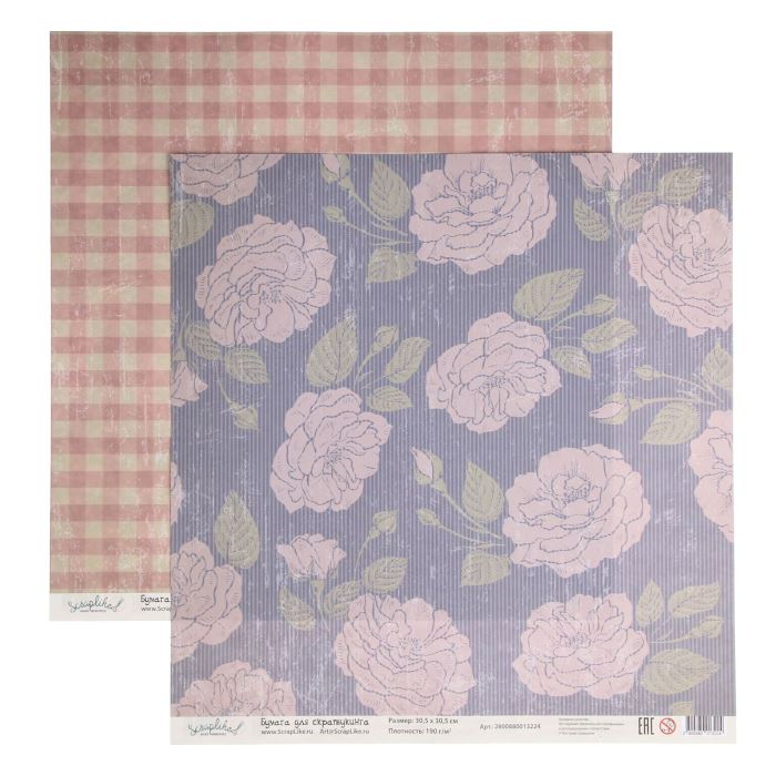 Творч Бумага д/скрап 30,5*30,5 Винтаж Розы и клетка
