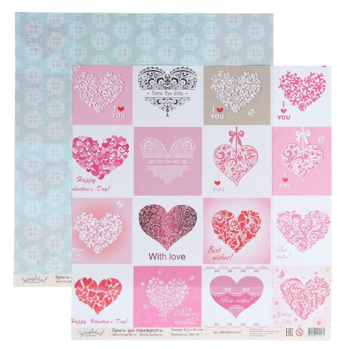Творч Бумага д/скрап 30,5*30,5 Нежность Кружевные сердца и фон