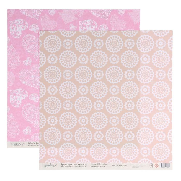 Творч Бумага д/скрап 30,5*30,5 Нежность Сердечки и белые цветочки