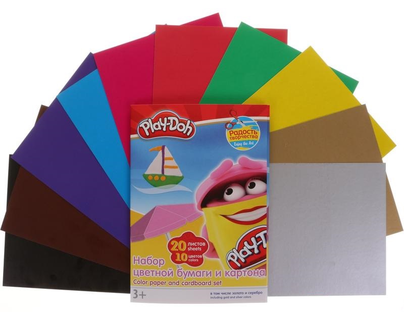 Картон цветной А4 10л 10цв + Цв. бумага А4 10л 10цв Play-Doh золото, с