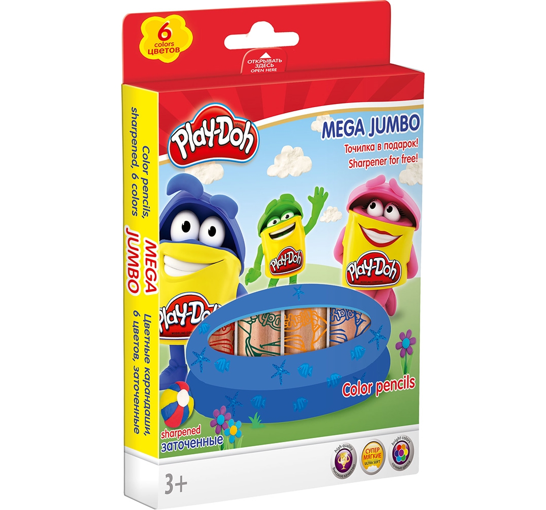 Карандаши цветные 6 цв Play-Doh Mega Jumbo + точилка