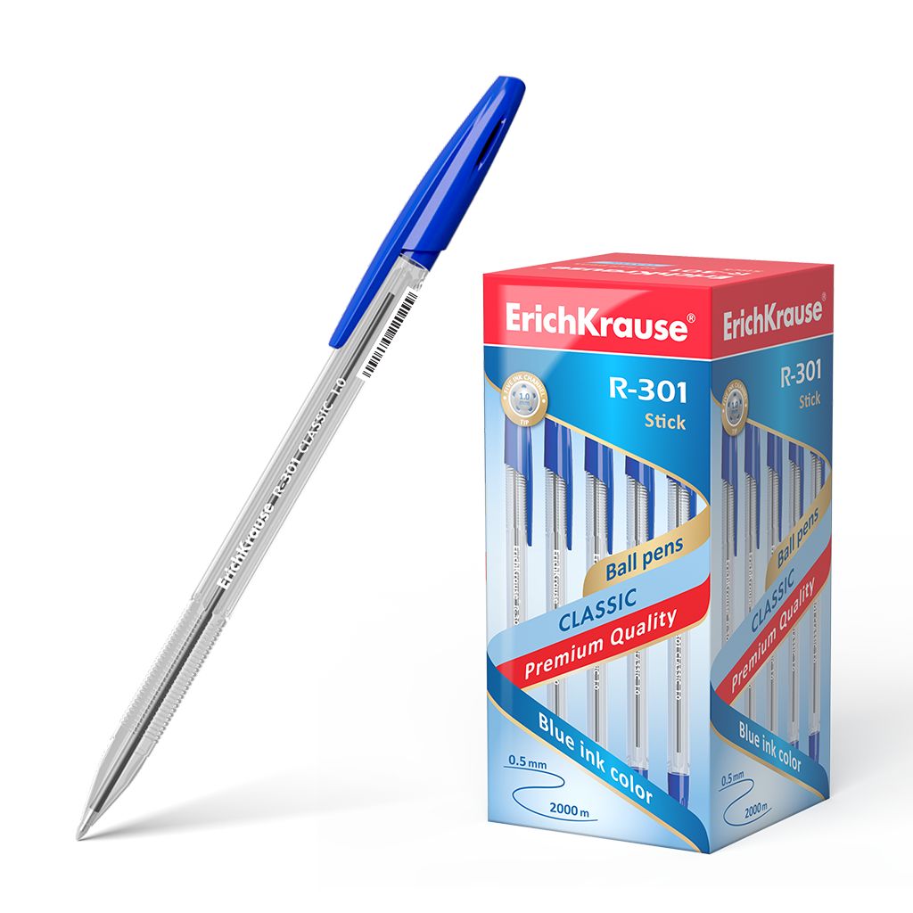 Ручка шариковая синяя EK R-301 Classic Stick 1мм корпус прозр